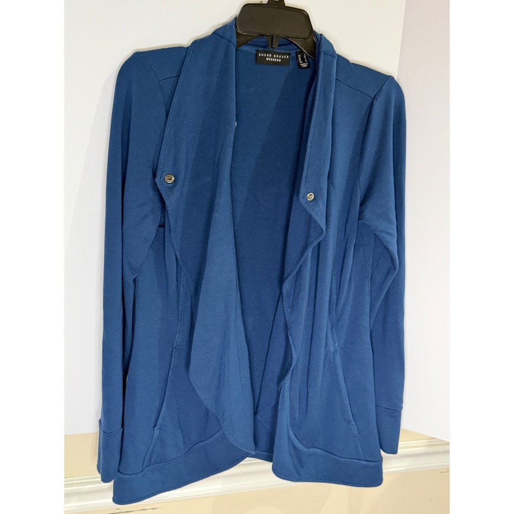 Susan Graver Weekend Teal Blue Wrap Cardigan Snap Neck Thumbholes Size M